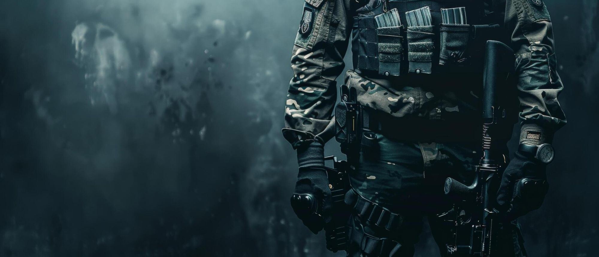 A loaded plate carrier and rifle, representing the operational background behind Nexus Firearms